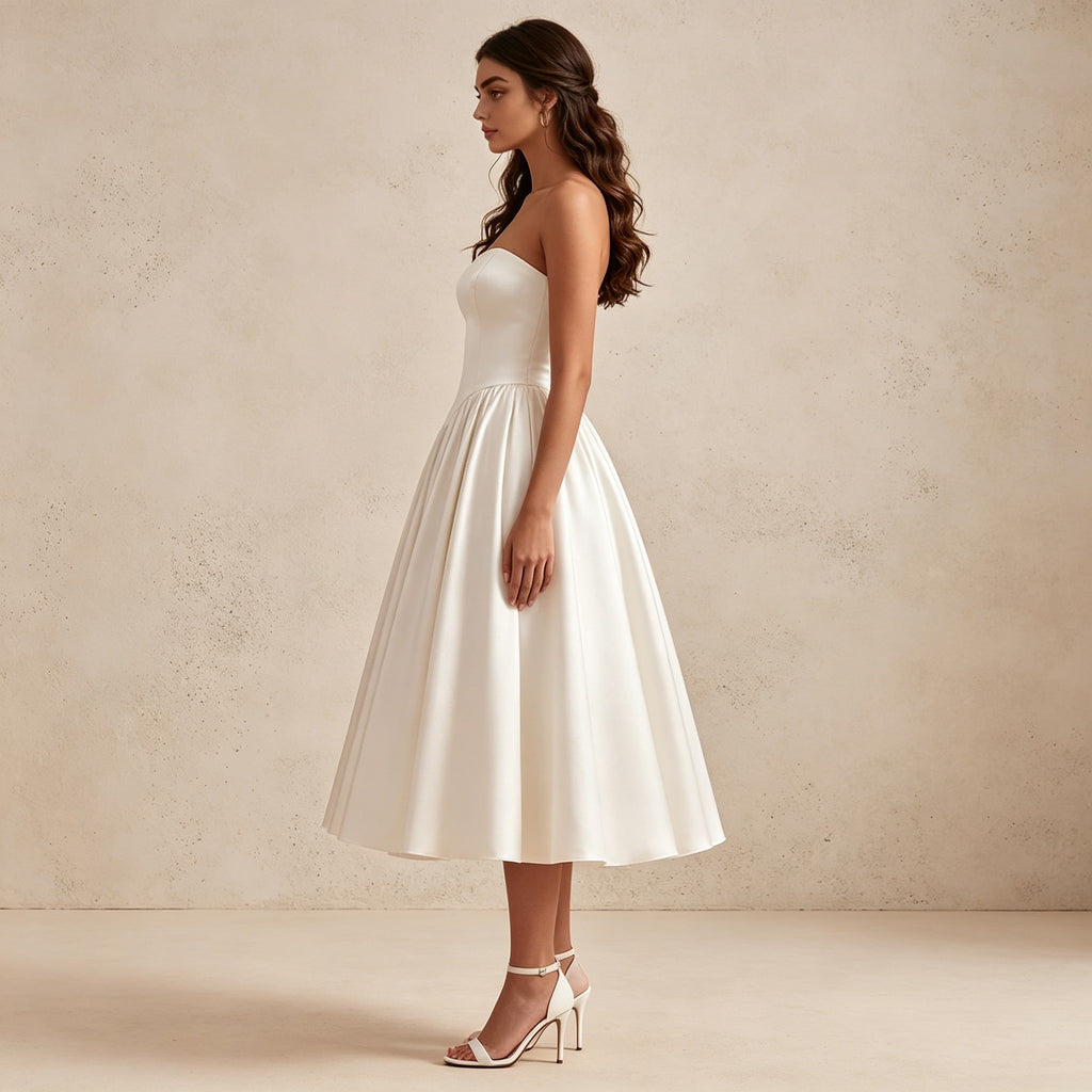 Trägerloses Satin Abendkleid in Midi-Länge – Elegantes Cocktailkleid mit Herz-Ausschnitt