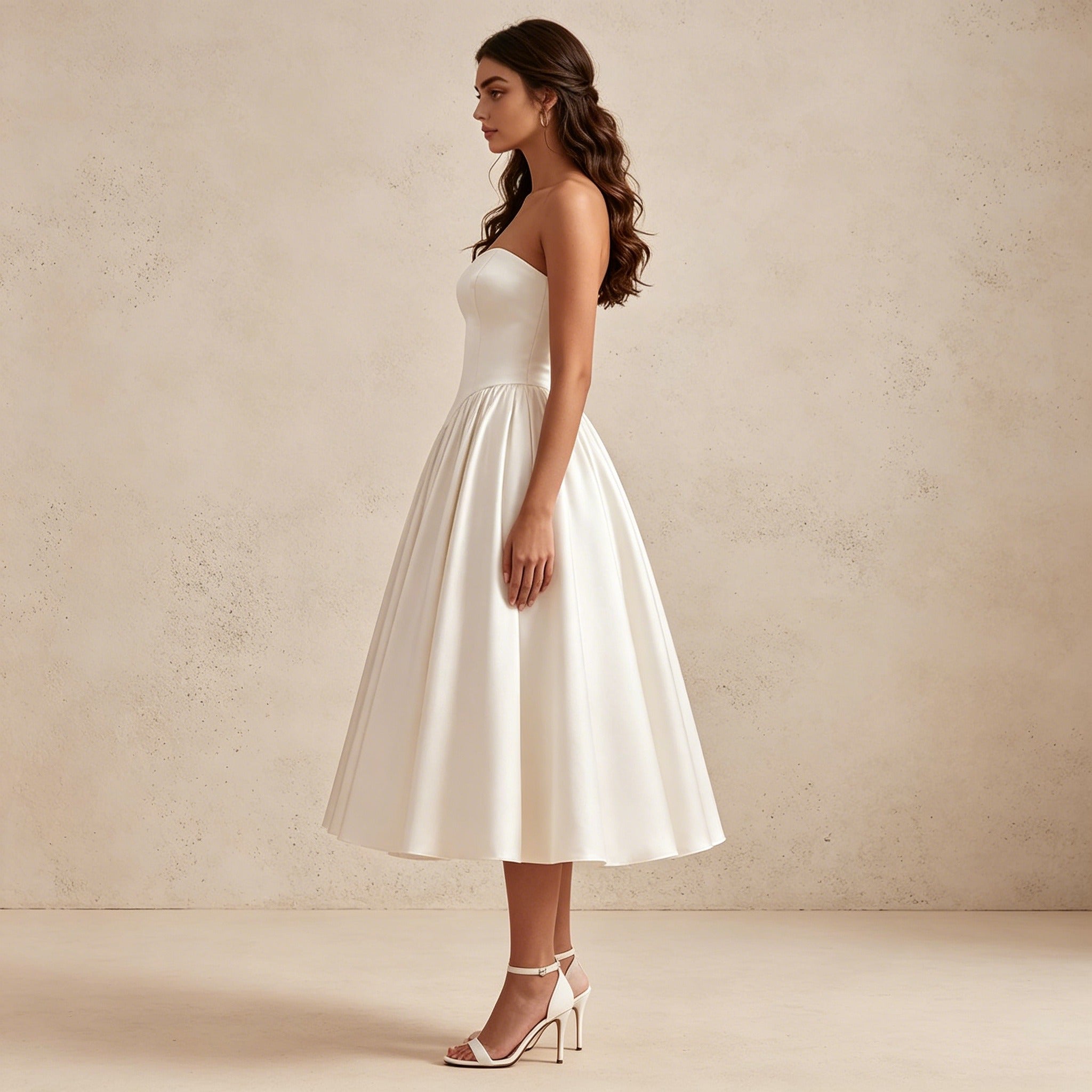Trägerloses Satin Abendkleid in Midi-Länge – Elegantes Cocktailkleid mit Herz-Ausschnitt
