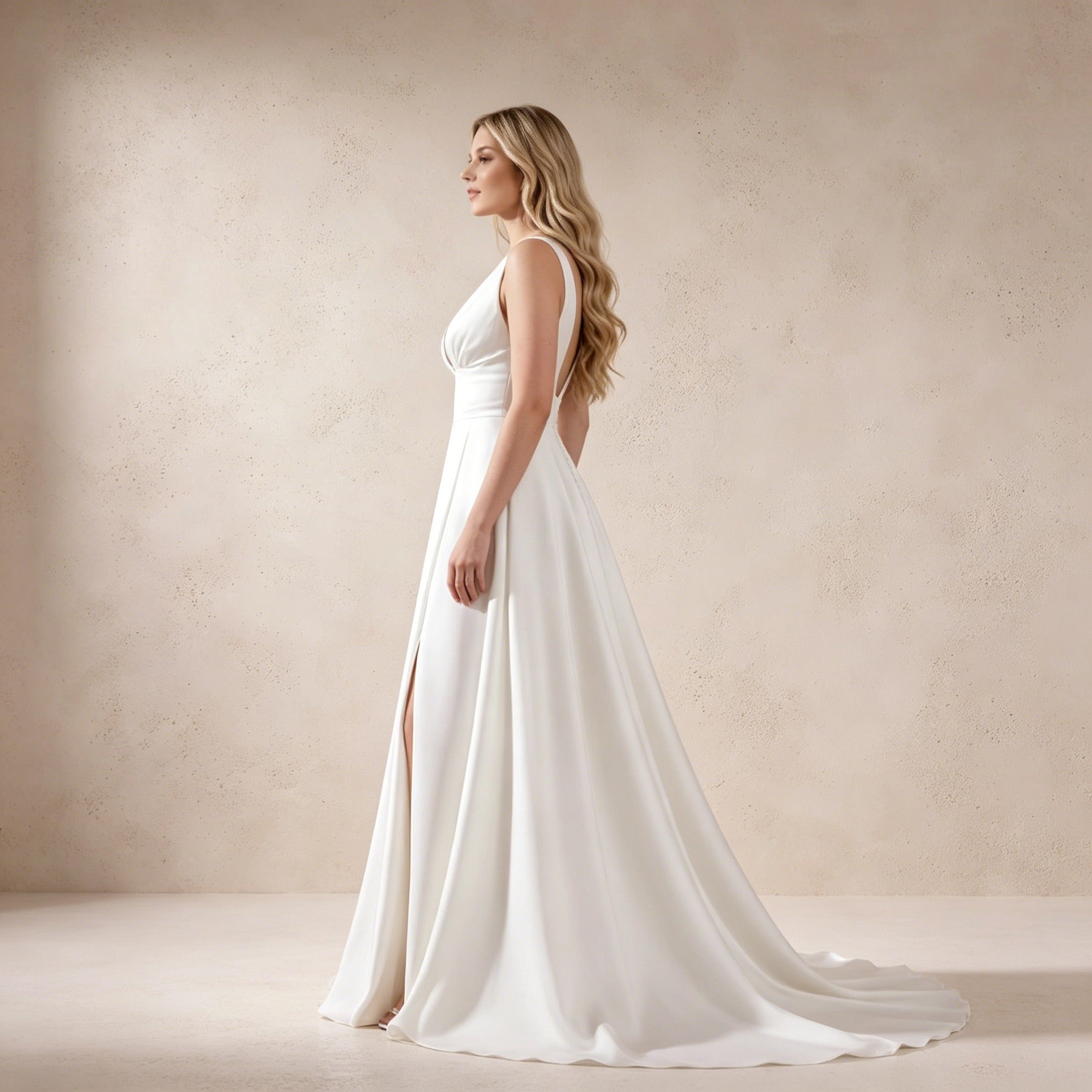 Elegantes Satin-Abendkleid mit V-Ausschnitt | Weißes Maxikleid mit Beinschlitz