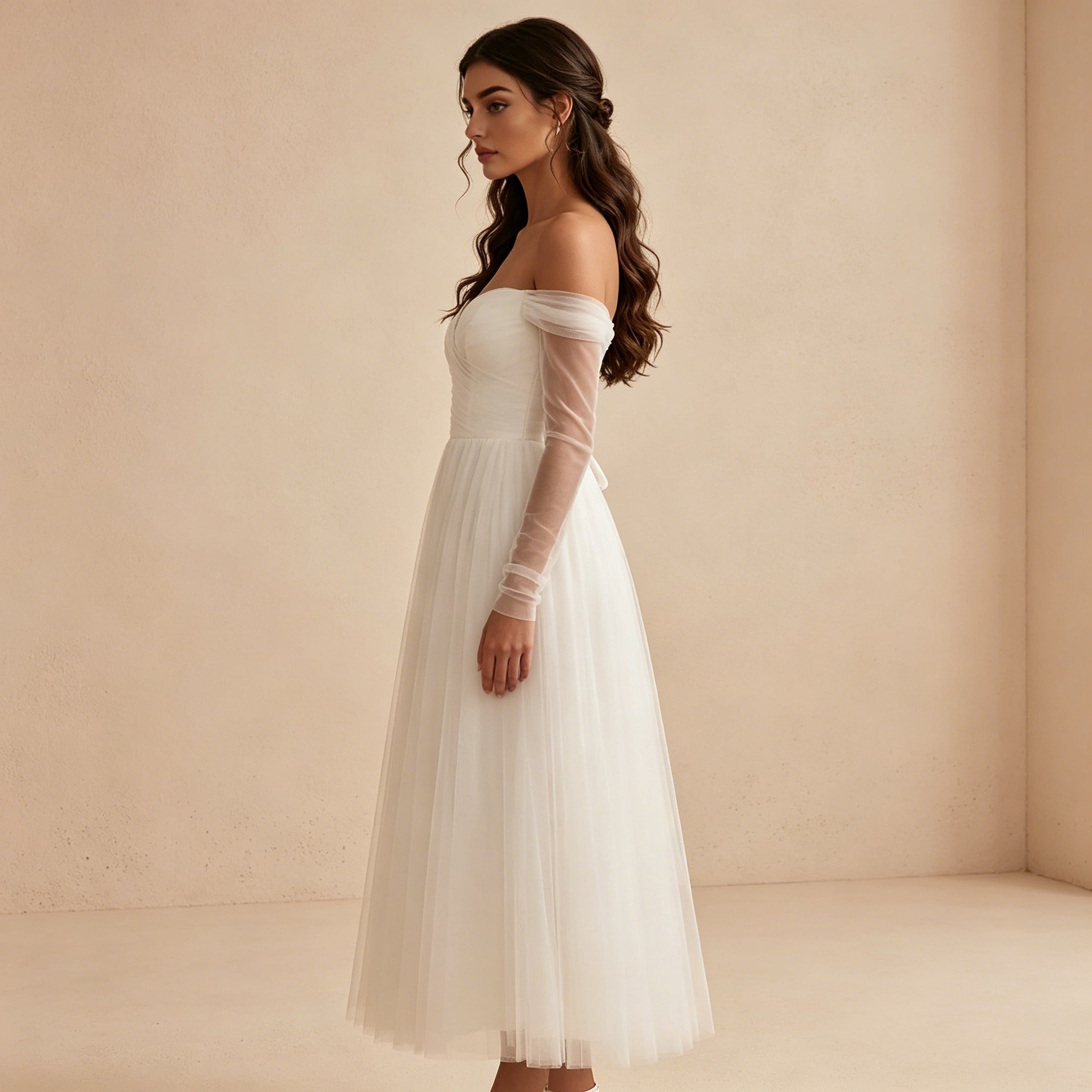 Off-Shoulder Abendkleid mit Tüll-Ärmeln – Elegantes Midikleid in Weiß für Damen