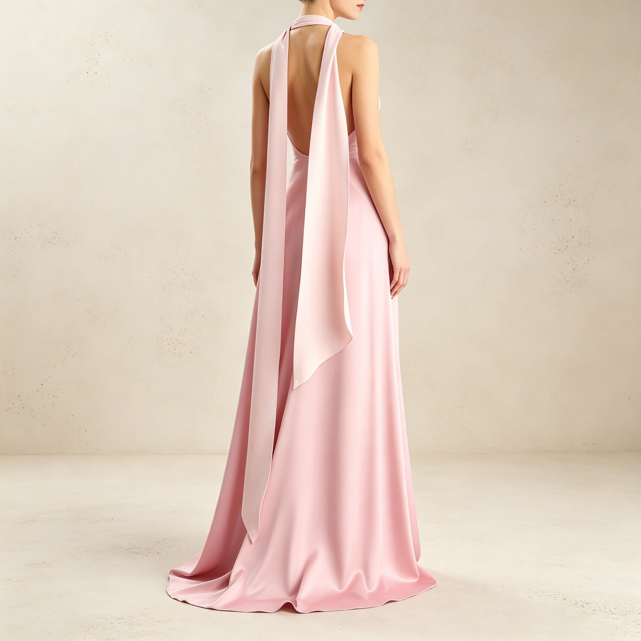 Bodenlanges Abendkleid mit Halterneck-Ausschnitt und Color-Blocking in Rosa