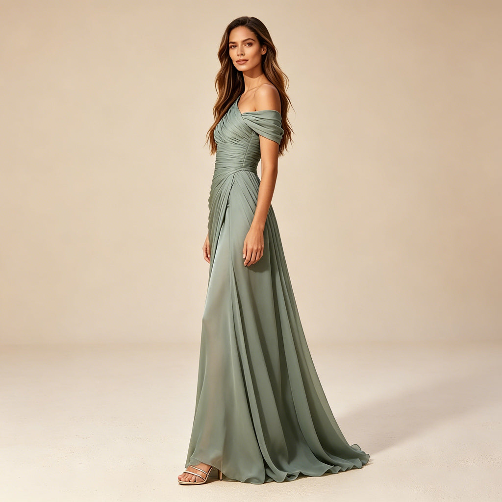 Bodenlanges Abendkleid aus Chiffon in Salbeigrün mit One-Shoulder-Design