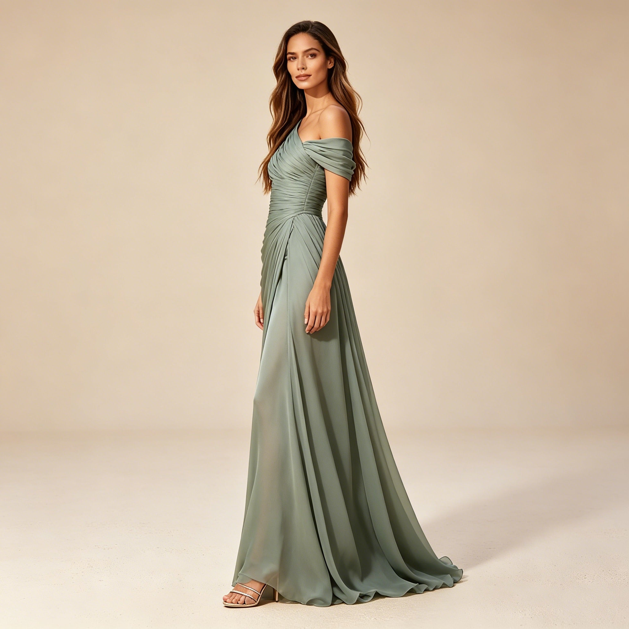 Bodenlanges Abendkleid aus Chiffon in Salbeigrün mit One-Shoulder-Design