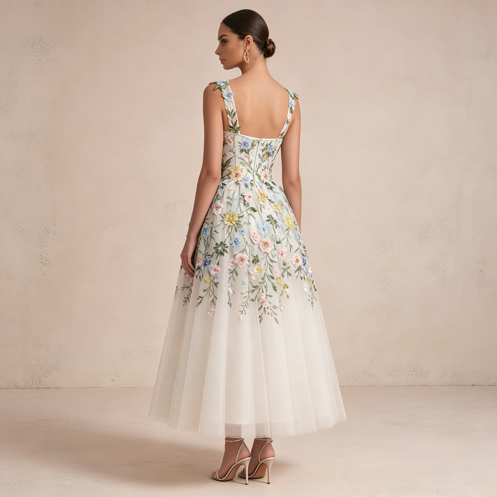 Festliches Kleid in A-Linie mit floraler Stickerei und Tüll-Rock