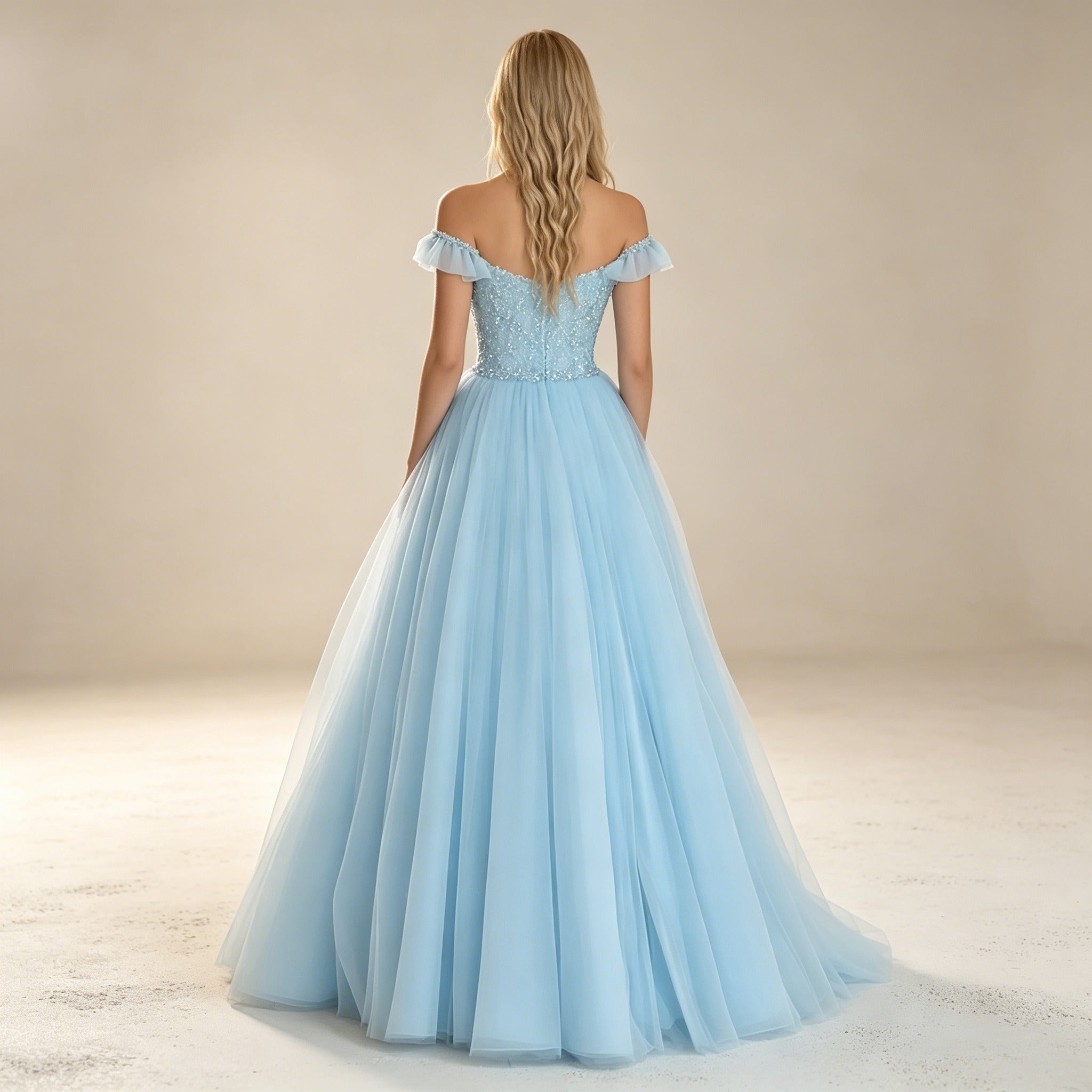 Eisblaues Off-Shoulder Abendkleid mit Glitzer – Traumhafte Tüll-Robe in A-Linie