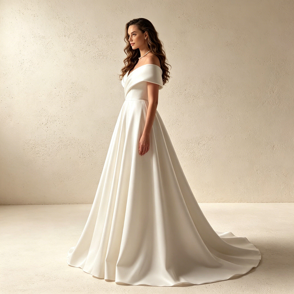 Off-Shoulder Satin Abendkleid – Elegantes Maxikleid mit Gekreuzter Raffung