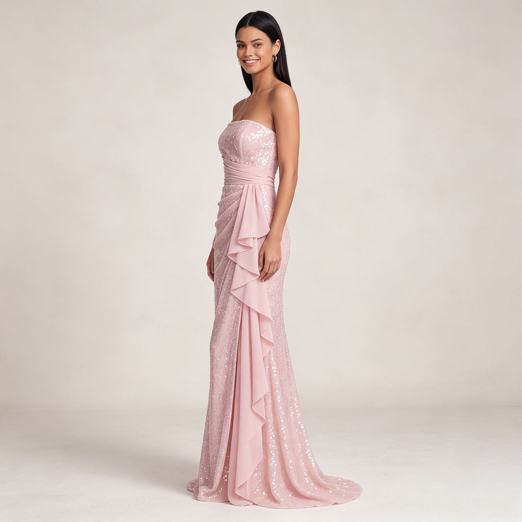 Rosa Trägerloses Abendkleid mit Pailletten – Elegante Robe mit seitlichen Volants