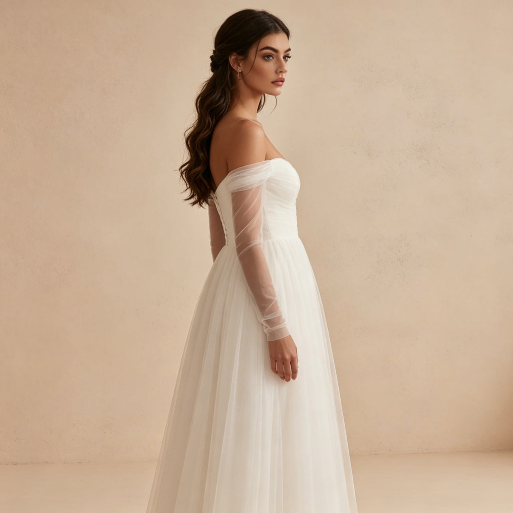 Off-Shoulder Abendkleid mit Tüll-Ärmeln – Elegantes Midikleid in Weiß für Damen