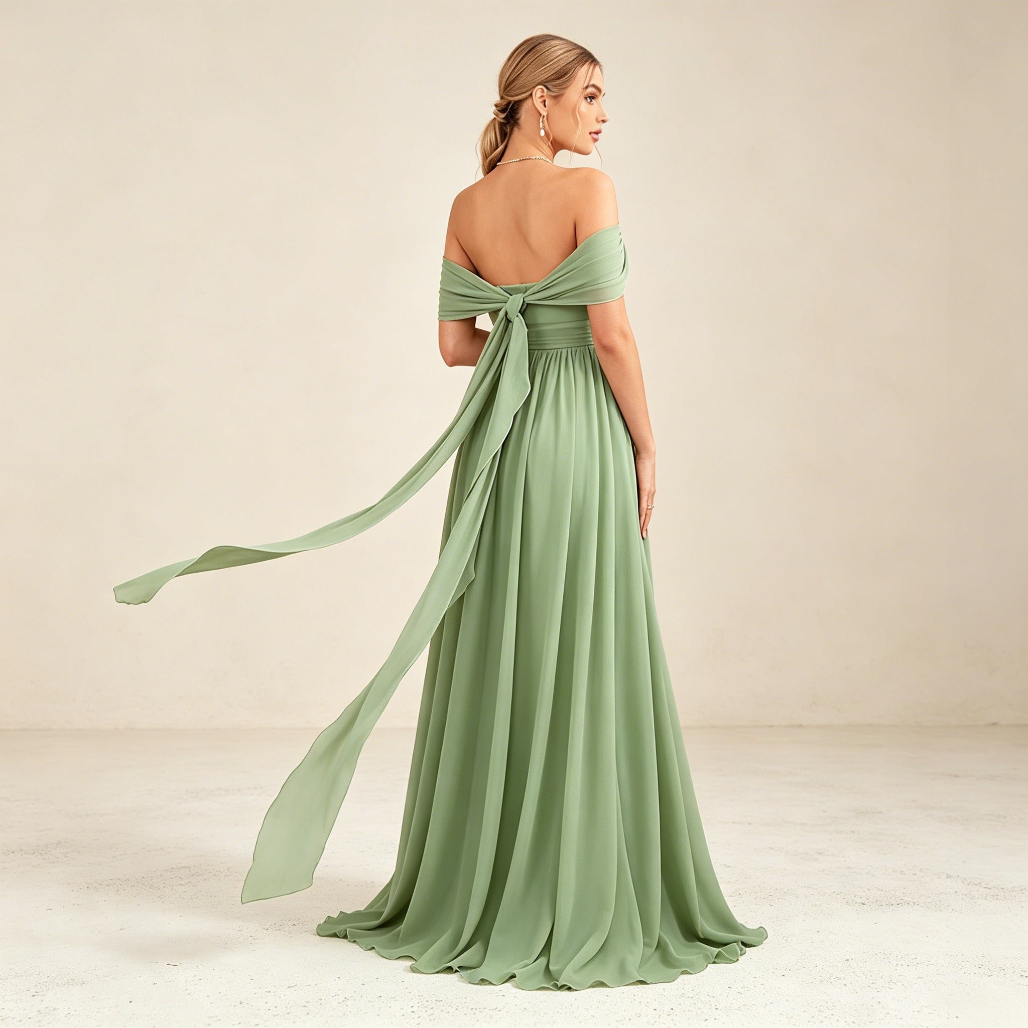 Salbeigrünes Off-Shoulder Abendkleid aus Chiffon – Elegante Maxirobe