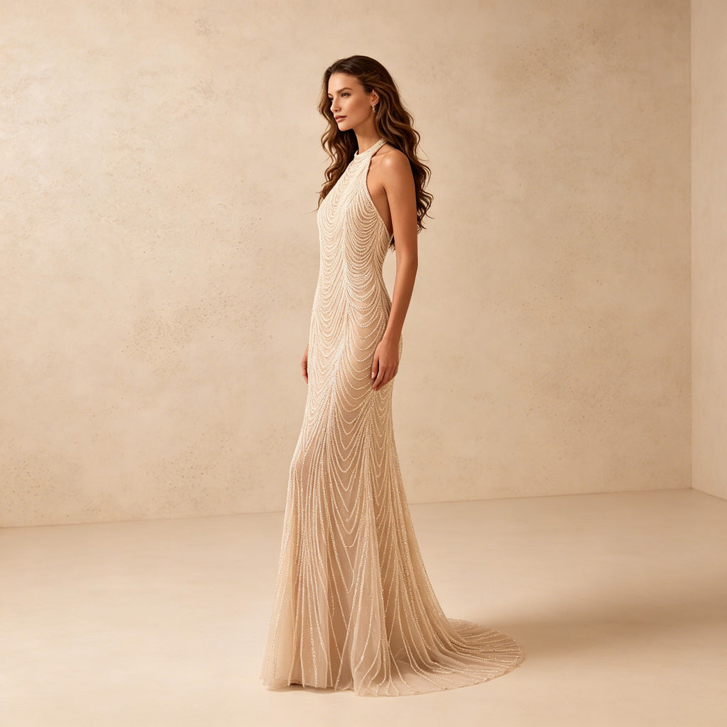 Edles langes Partykleid im Vintage-Stil – Fließendes weißes Kleid für Besondere Anlässe