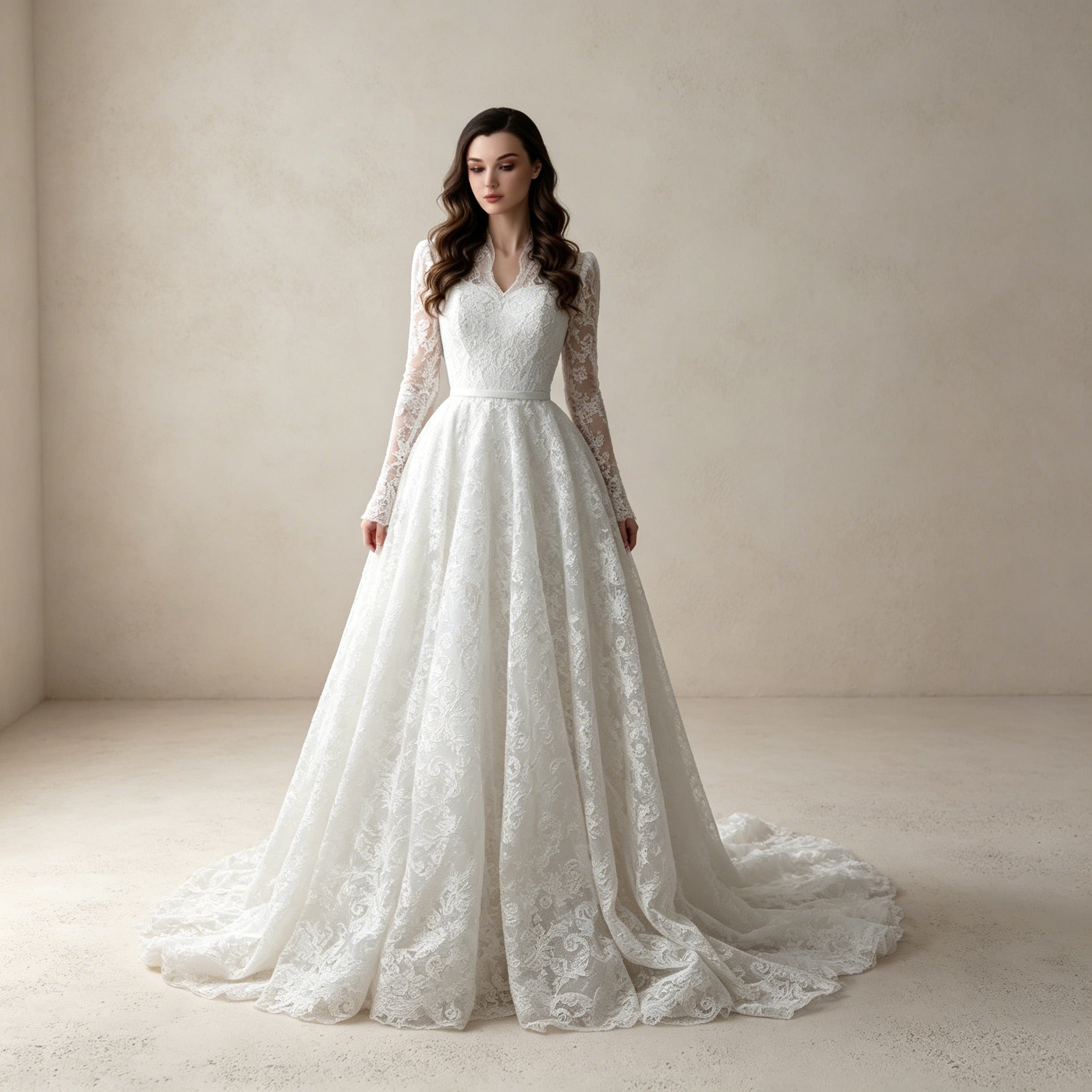 Elegantes Abendkleid mit Allover-Spitze, V-Ausschnitt und Langer Schleppe