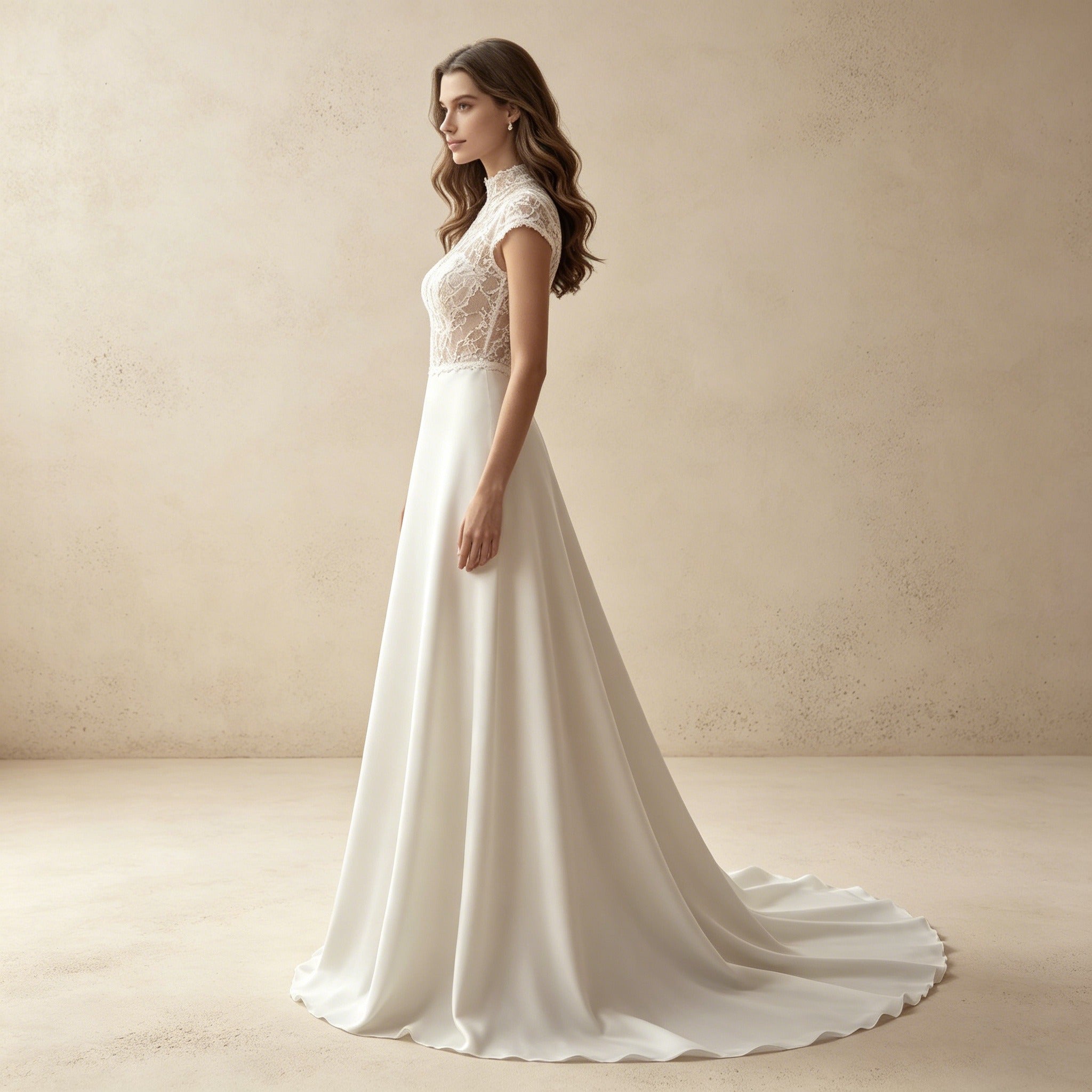 Elegantes Hochgeschlossenes Abendkleid mit Spitze | Maxikleid in Crèmeweiß