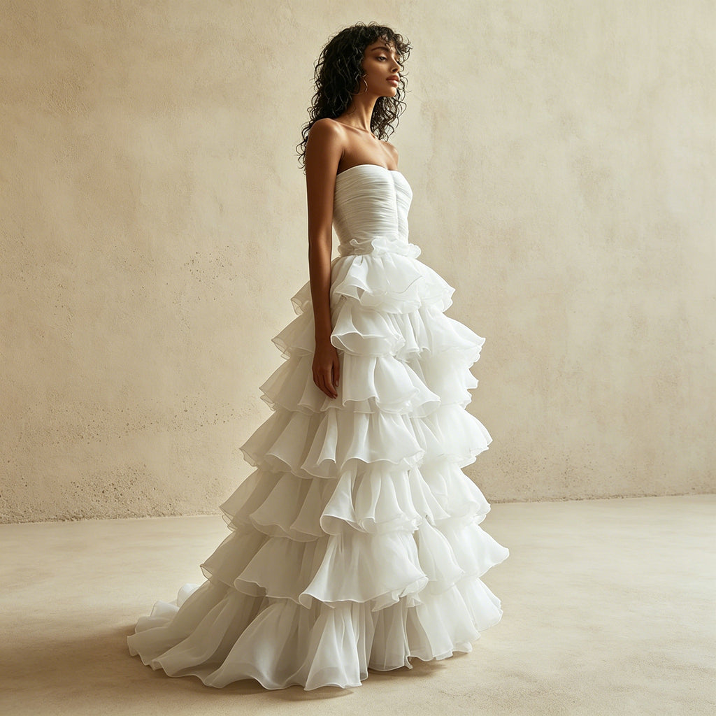 Festliches Bandeau-Kleid Weiß | Bodenlanges Gala-Kleid mit Kaskaden-Rock