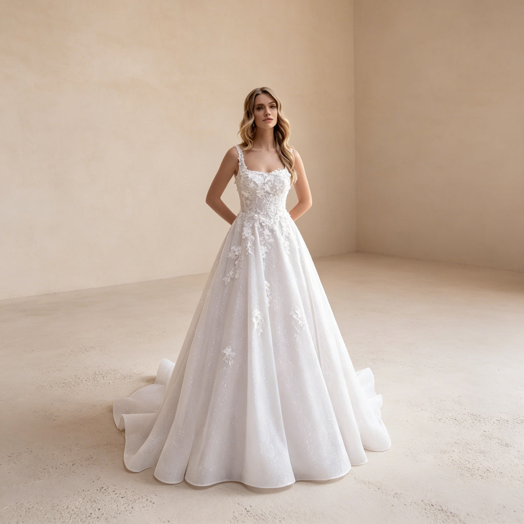 Festliches Kleid mit 3D-Blumen | Weißes Ballkleid mit eckigem Ausschnitt