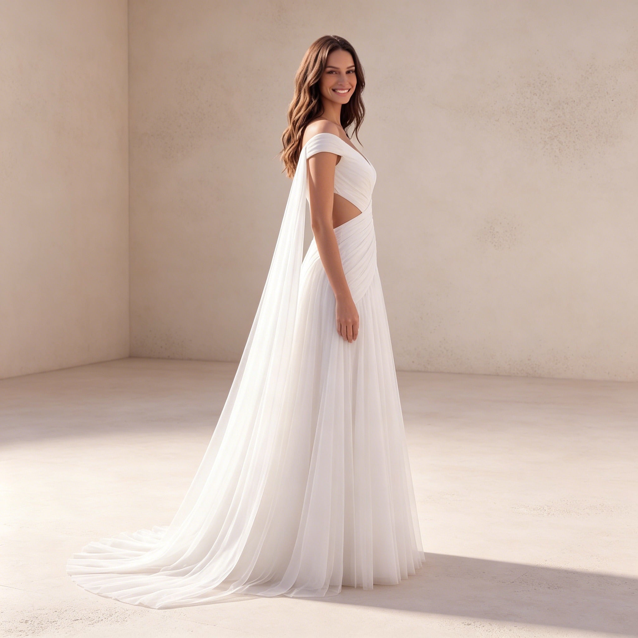 Off-Shoulder Abendkleid mit Cut-Outs – Elegantes Chiffon Maxikleid in Weiß