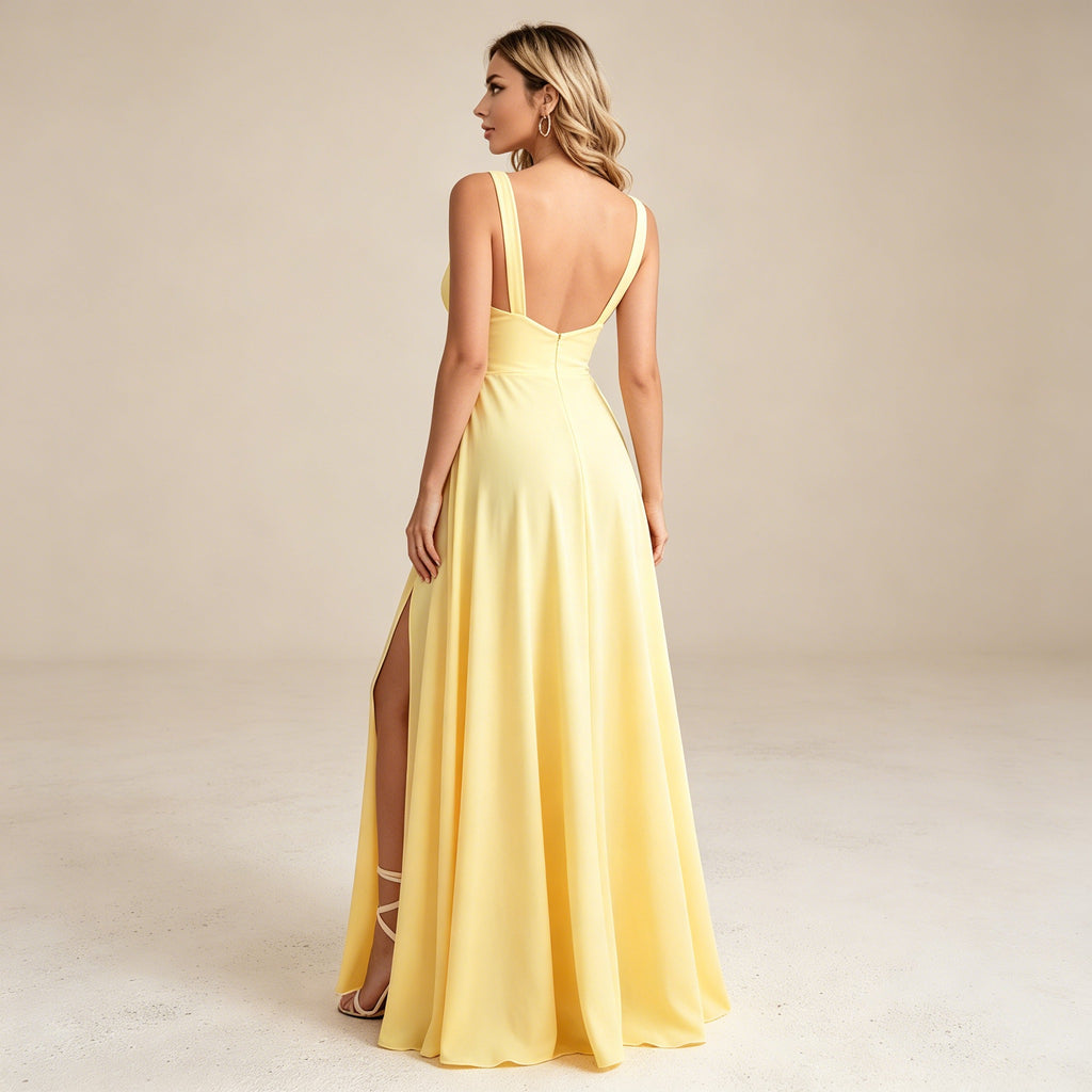Bodenlanges Abendkleid in Sonnengelb mit V-Ausschnitt und Beinschlitz