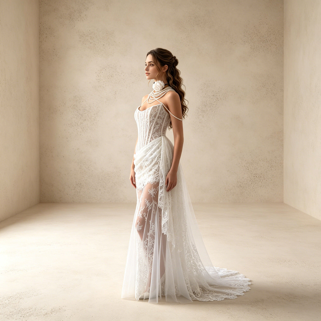 Romantisches Gala-Kleid mit Drapiertem Tailleneinsatz und Schleppe