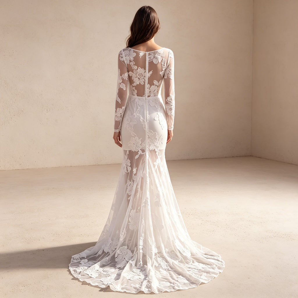 Elegantene Abendkleid mit floraler Stickerei – Langarm Meerjungfrau Maxikleid für Damen