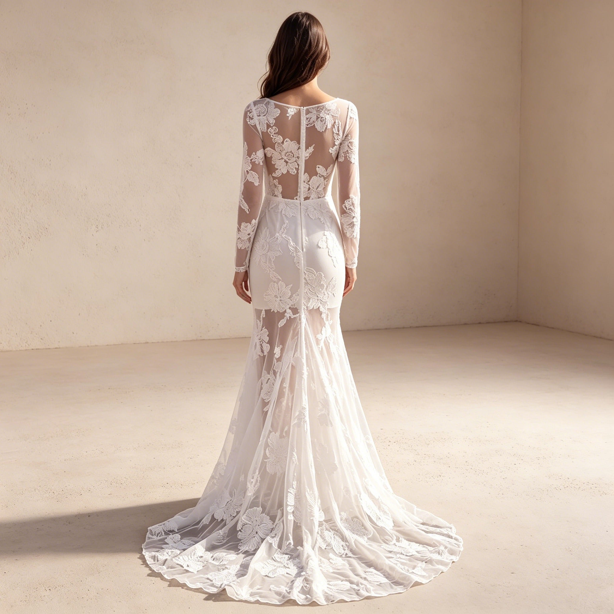 Elegantene Abendkleid mit floraler Stickerei – Langarm Meerjungfrau Maxikleid für Damen