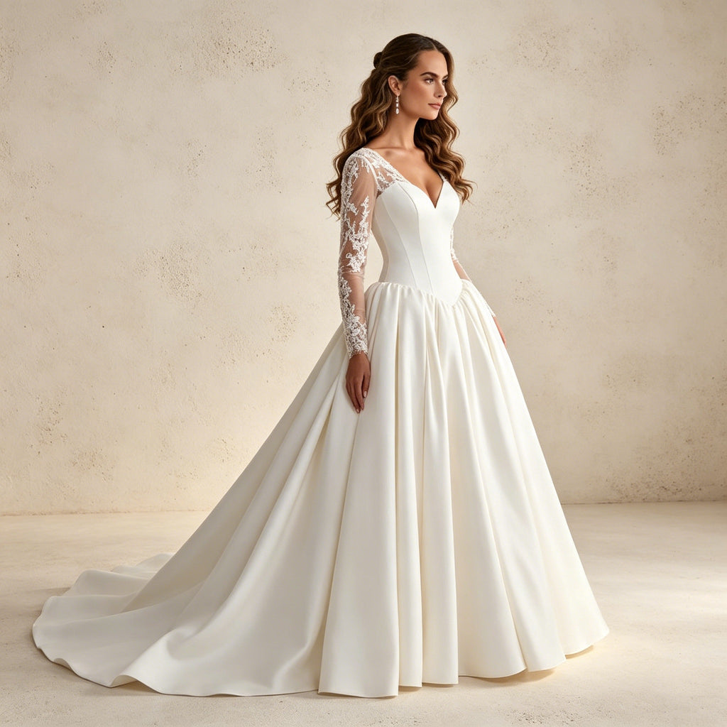 Elegantes Satin-Abendkleid mit Spitzenärmeln – Bodenlanges Ballkleid mit V-Ausschnitt