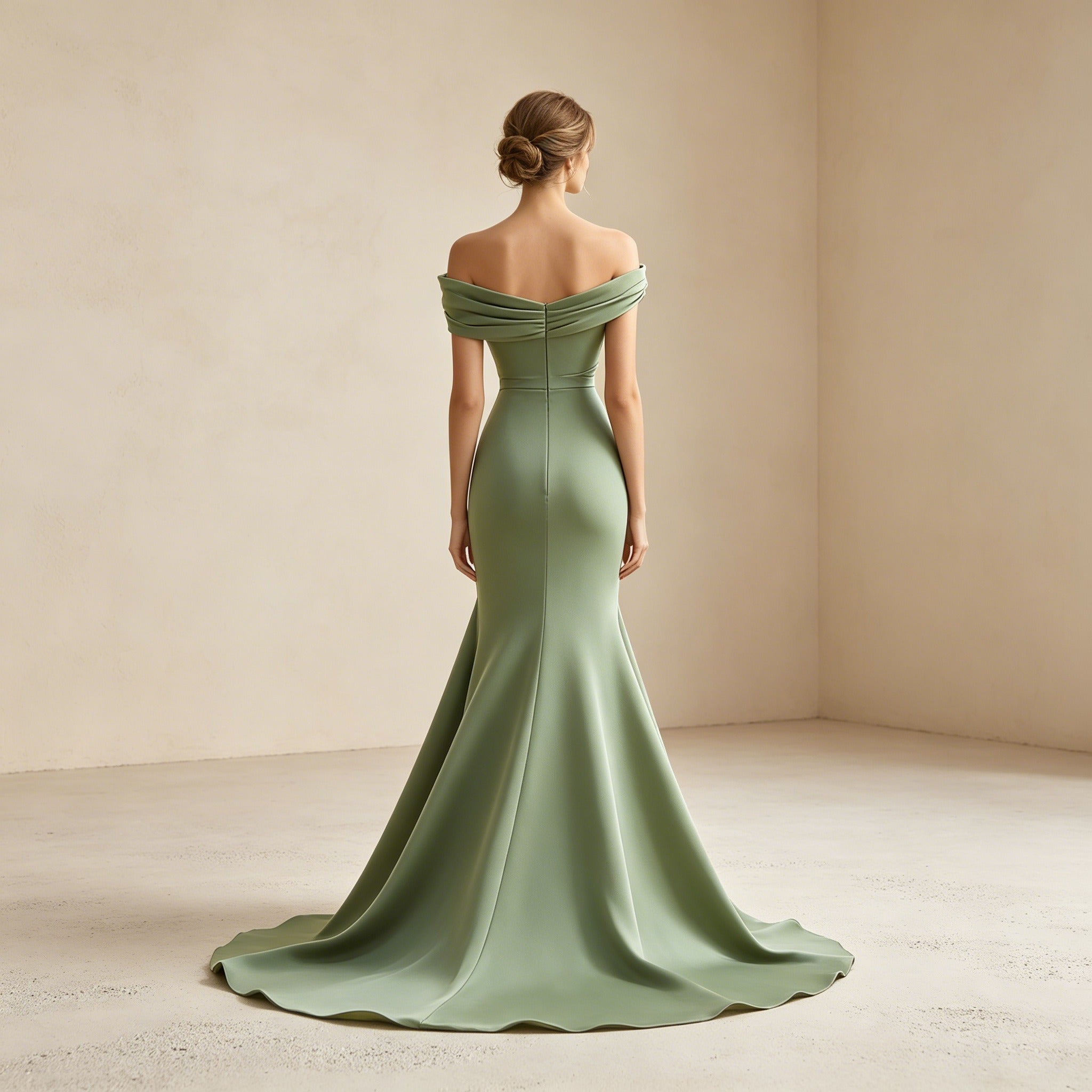 Olivgrünes Off-Shoulder Abendkleid aus Satin – Elegante Meerjungfrau-Robe
