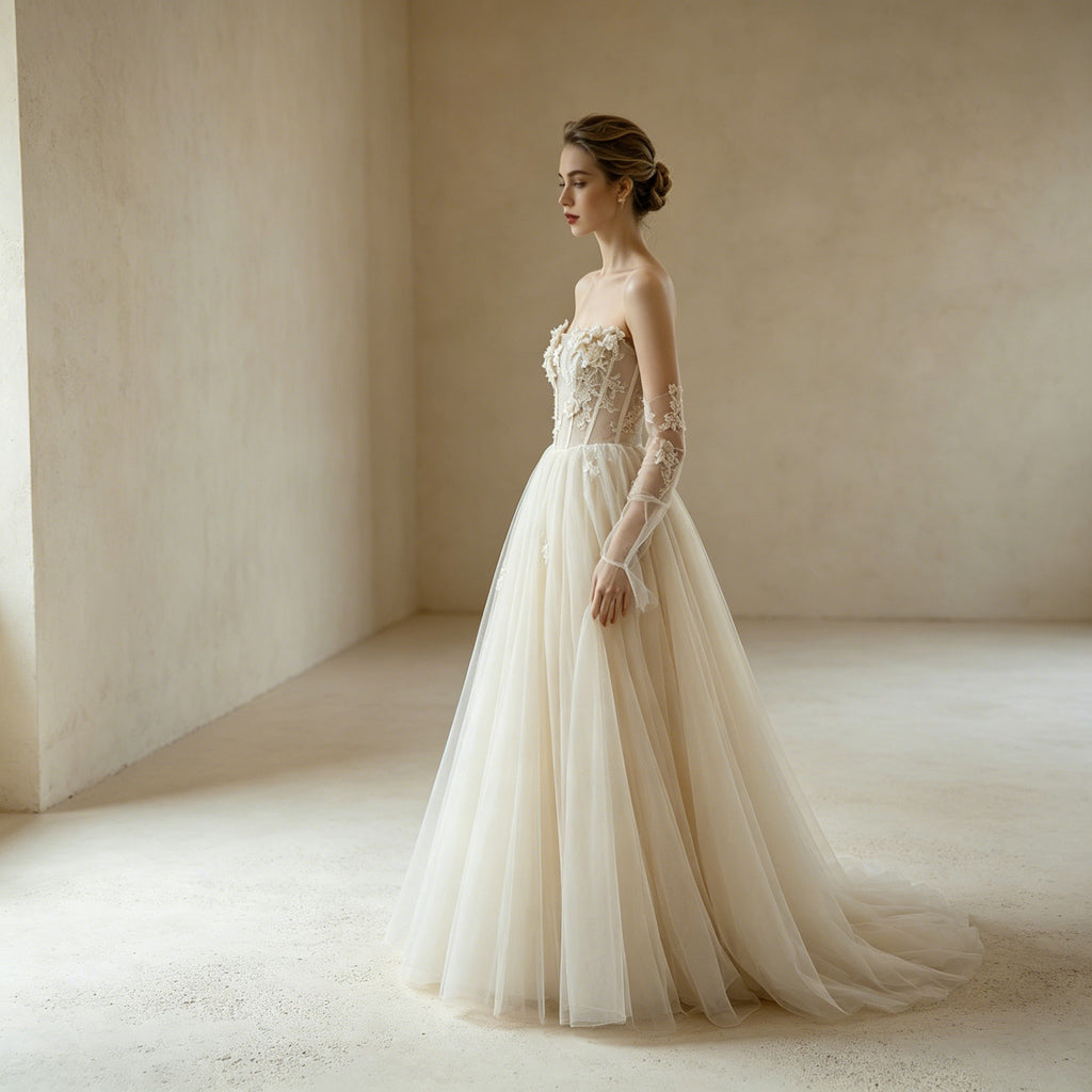 Elegantes Off-Shoulder Abendkleid Weiß | Tüllkleid mit floraler Spitze