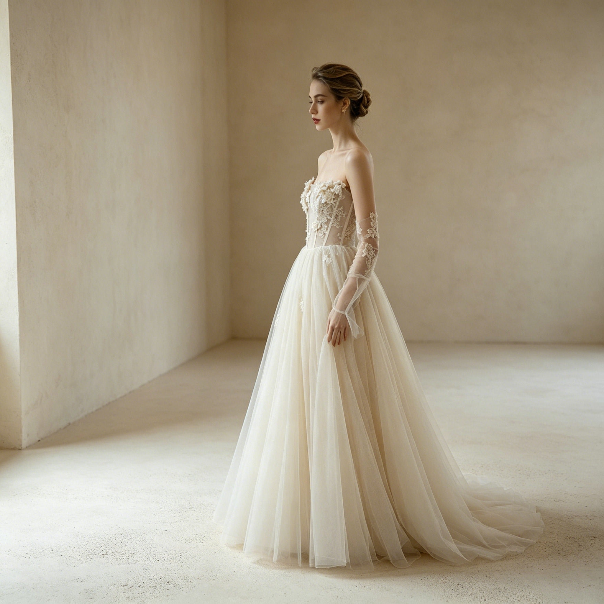 Elegantes Off-Shoulder Abendkleid Weiß | Tüllkleid mit floraler Spitze