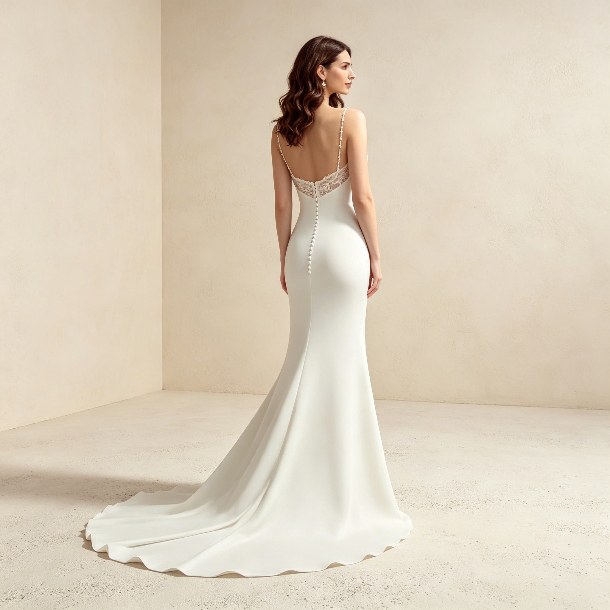 Abendkleid mit Wasserfall-Ausschnitt – Elegantes Spaghettiträger-Kleid mit Schleppe