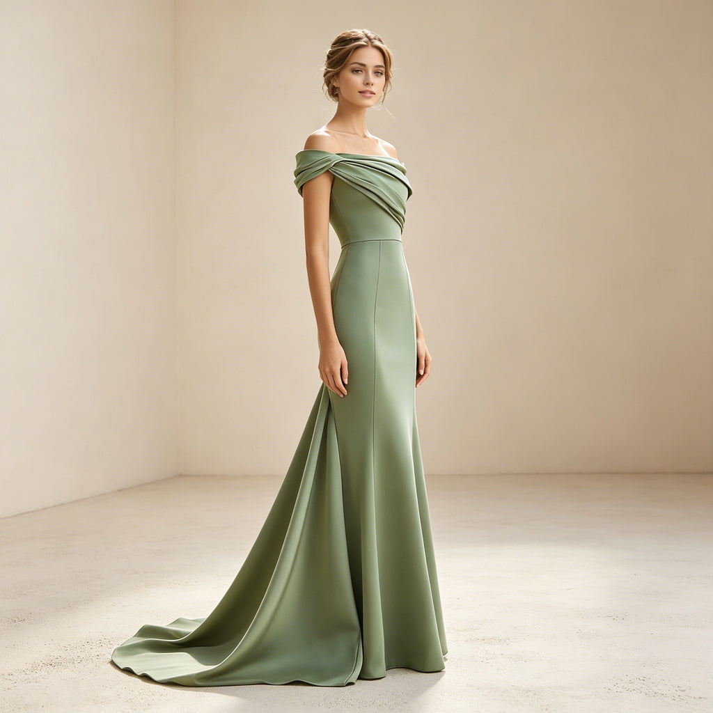 Olivgrünes Off-Shoulder Abendkleid aus Satin – Elegante Meerjungfrau-Robe