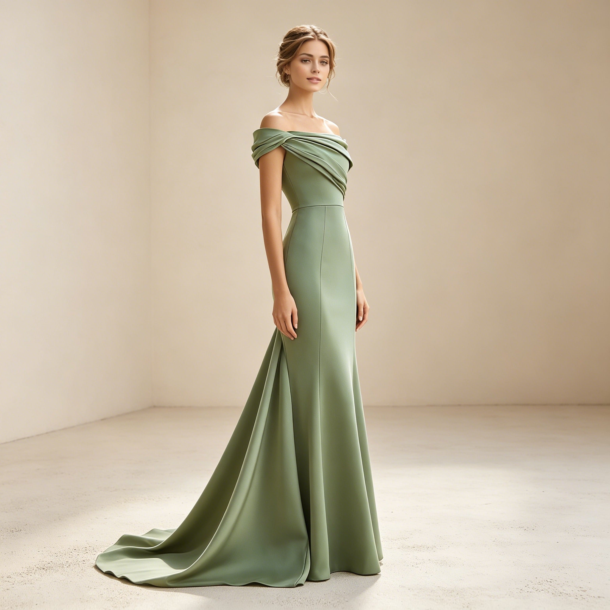 Olivgrünes Off-Shoulder Abendkleid aus Satin – Elegante Meerjungfrau-Robe