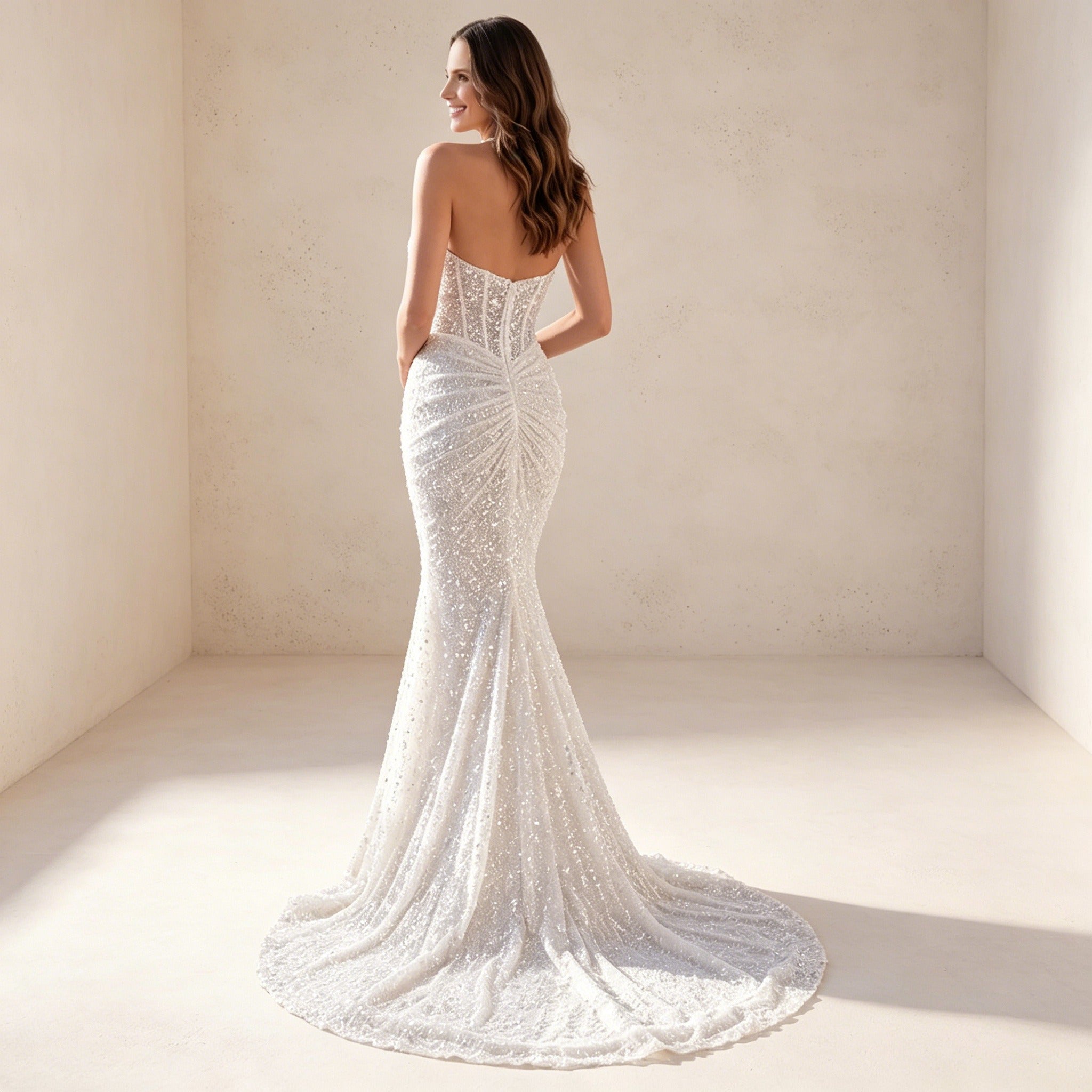 Elegantes Halterneck Abendkleid mit Pailletten – Funkelndes Maxi-Festkleid in Weiß