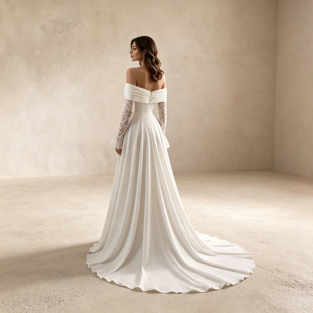 Off-Shoulder Abendkleid aus Satin mit Spitzenärmeln und Beinschlitz