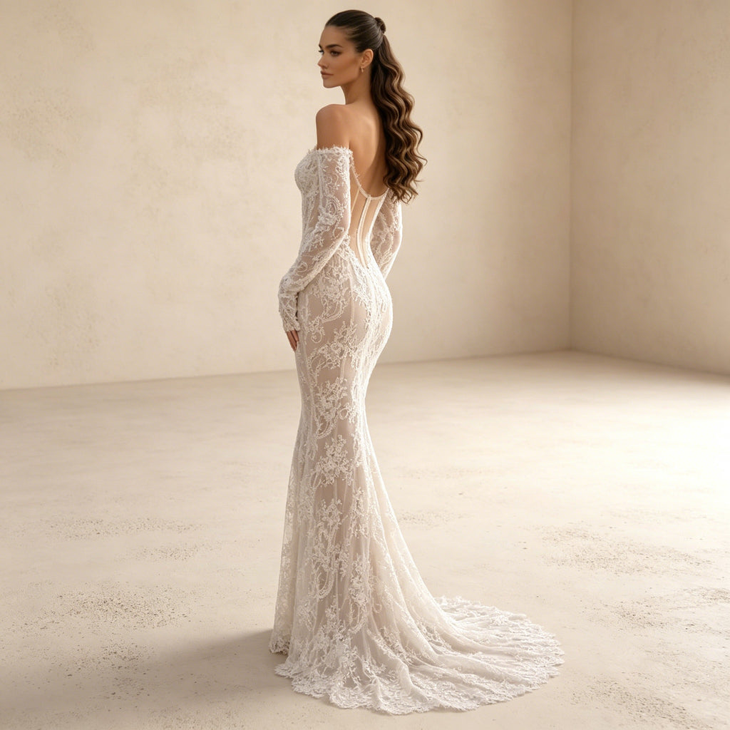 Off-Shoulder Abendkleid im Meerjungfrau-Stil mit Spitze und Schleppe