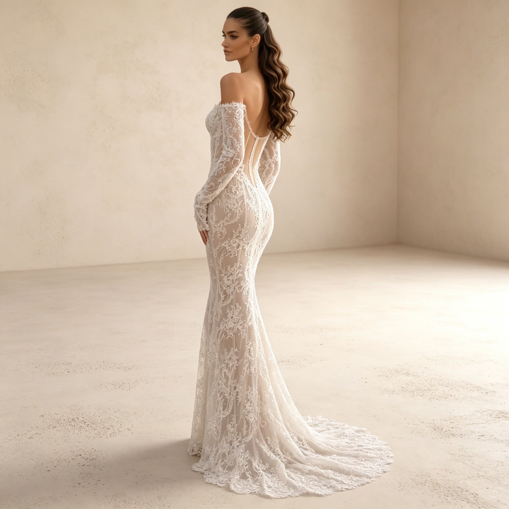 Off-Shoulder Abendkleid im Meerjungfrau-Stil mit Spitze und Schleppe
