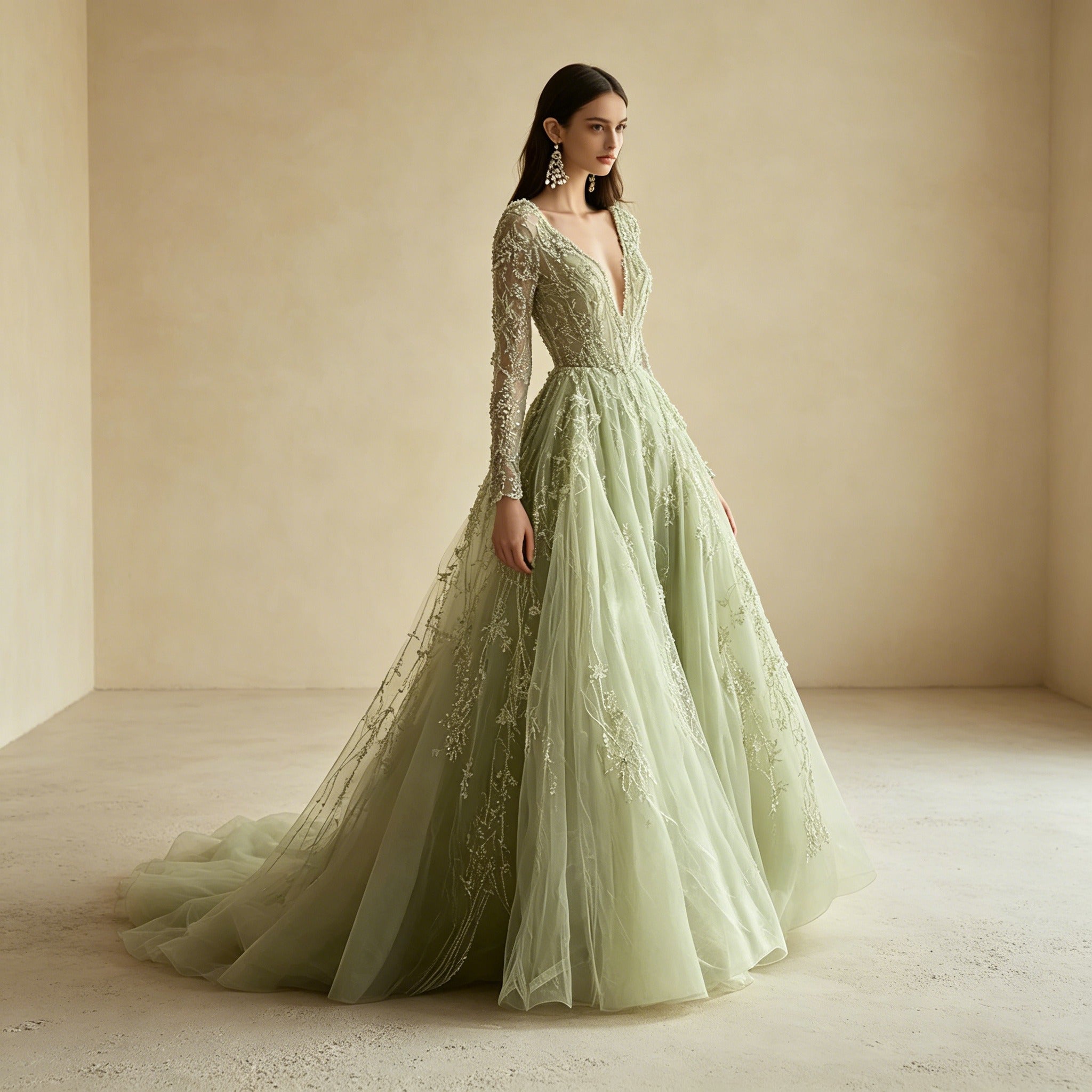 Salbeigrünes Abendkleid mit Pailletten-Stickerei – A-Linie-Robe mit V-Ausschnitt und Langarm