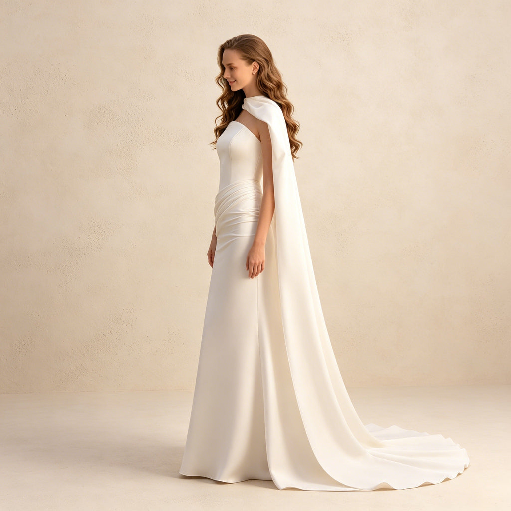 Elegantes Maxikleid mit Cape in Weiß – Figurbetontes langes Abendkleid mit Raffung