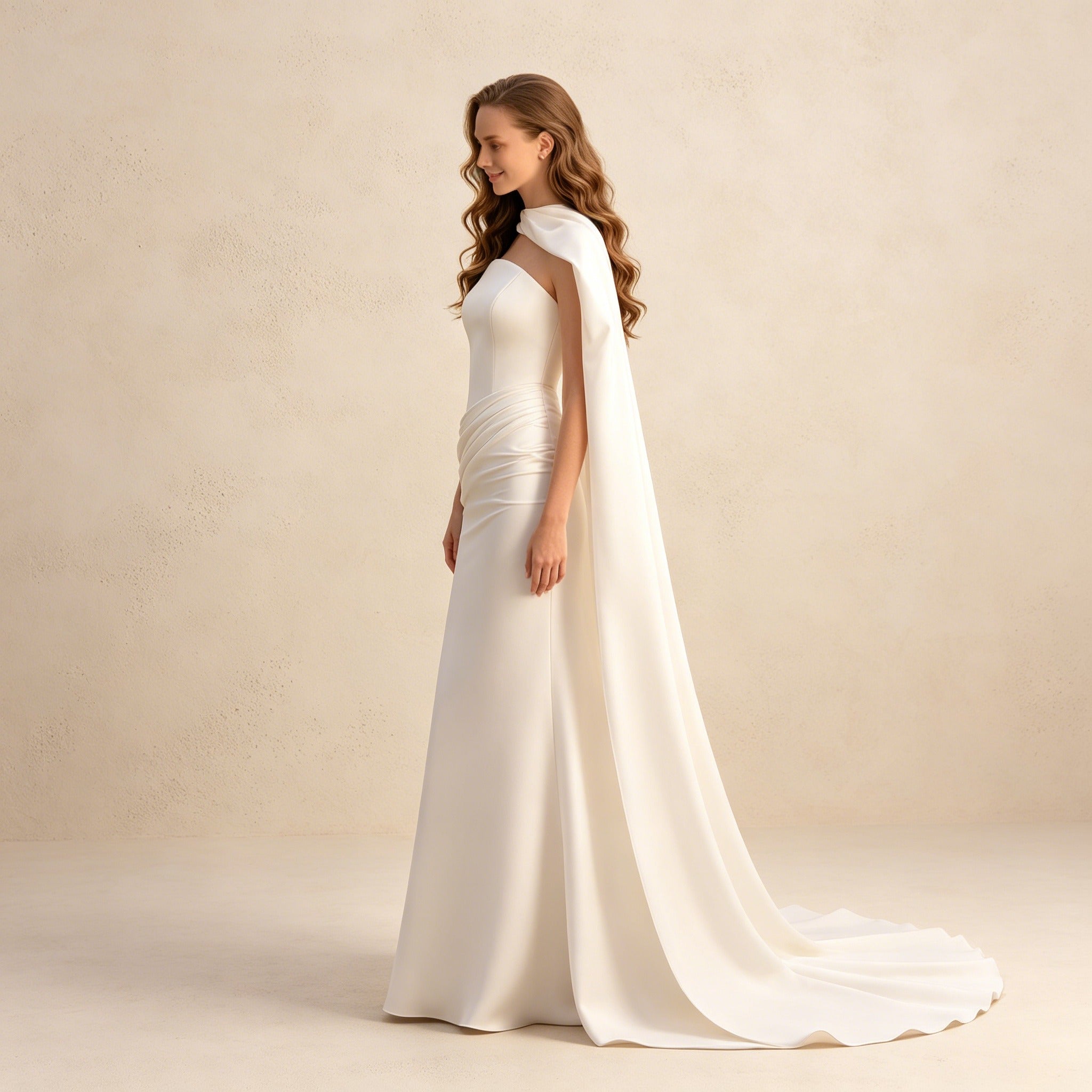 Elegantes Maxikleid mit Cape in Weiß – Figurbetontes langes Abendkleid mit Raffung