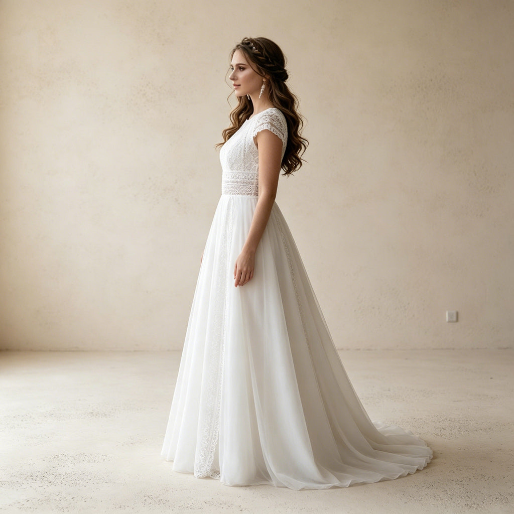 Elegantes A-Linien Abendkleid mit Boho-Spitze und Capsleeves