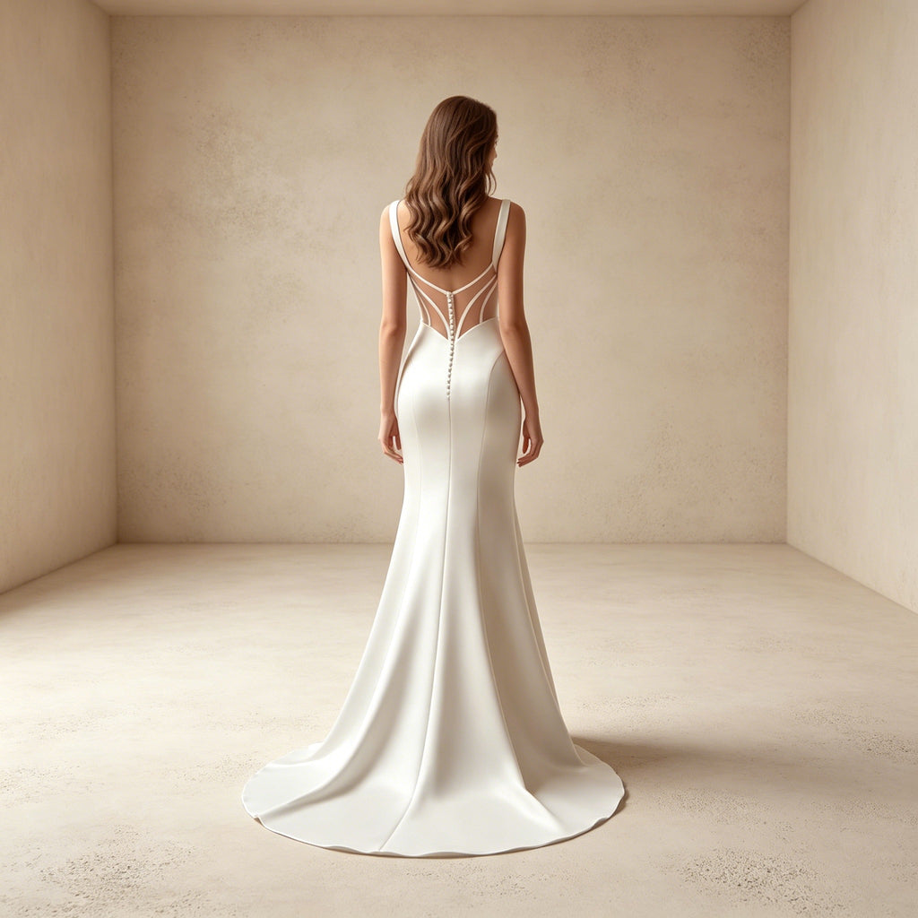 Elegantes Satin-Abendkleid mit eckigem Ausschnitt | Figurbetontes Maxikleid mit Beinschlitz
