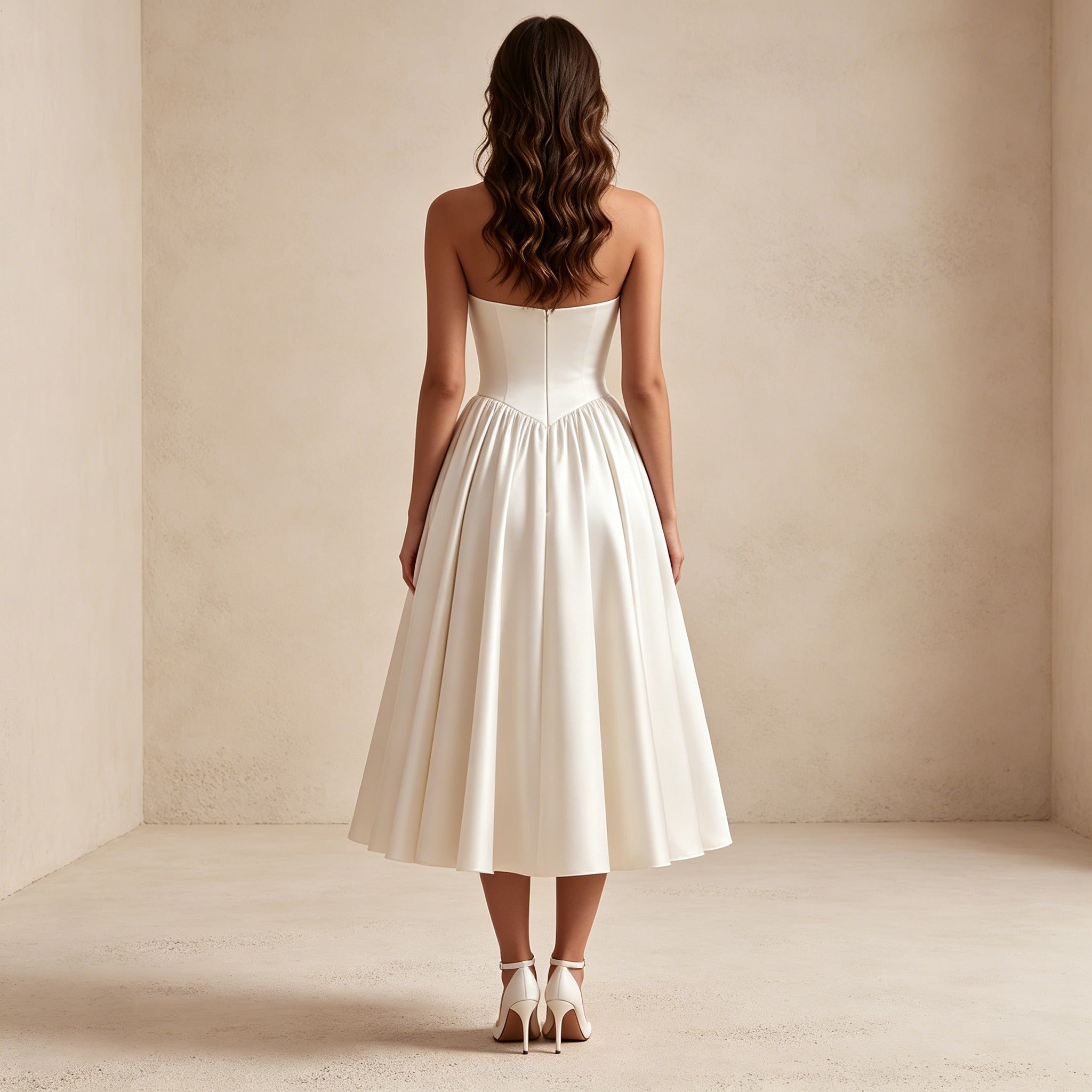Trägerloses Satin Abendkleid in Midi-Länge – Elegantes Cocktailkleid mit Herz-Ausschnitt