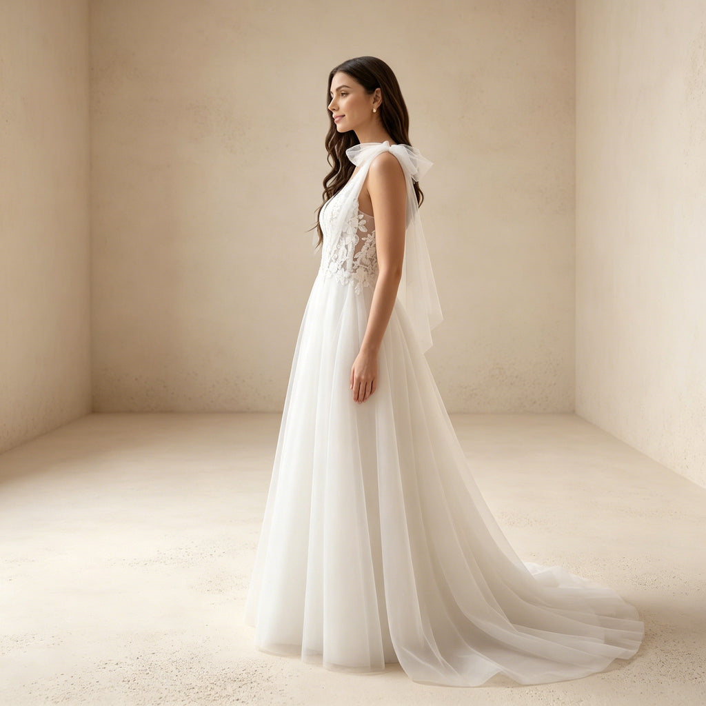 Elegantes Abendkleid Weiß mit Spitze | Maxikleid mit Tüllschleifen