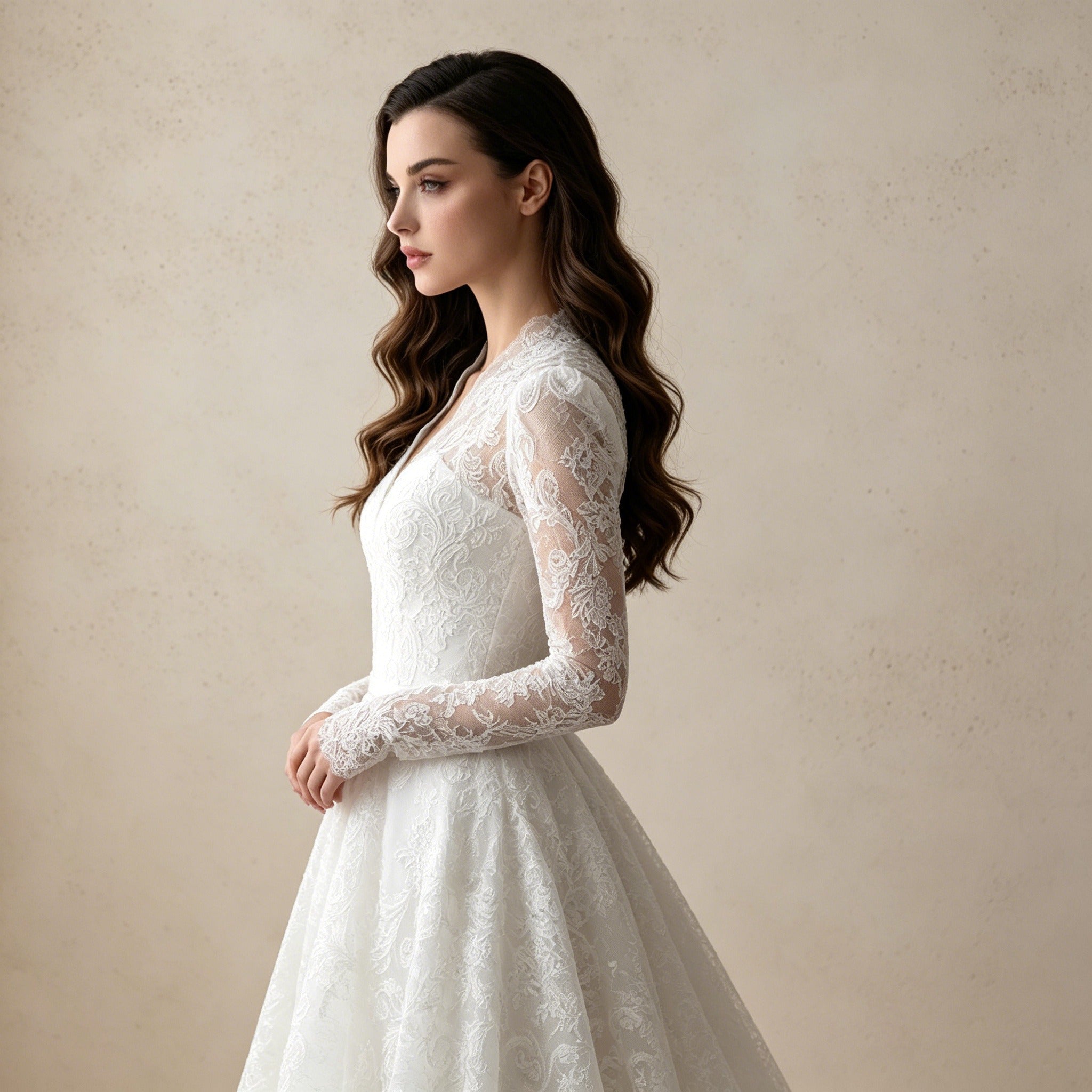 Elegantes Abendkleid mit Allover-Spitze, V-Ausschnitt und Langer Schleppe