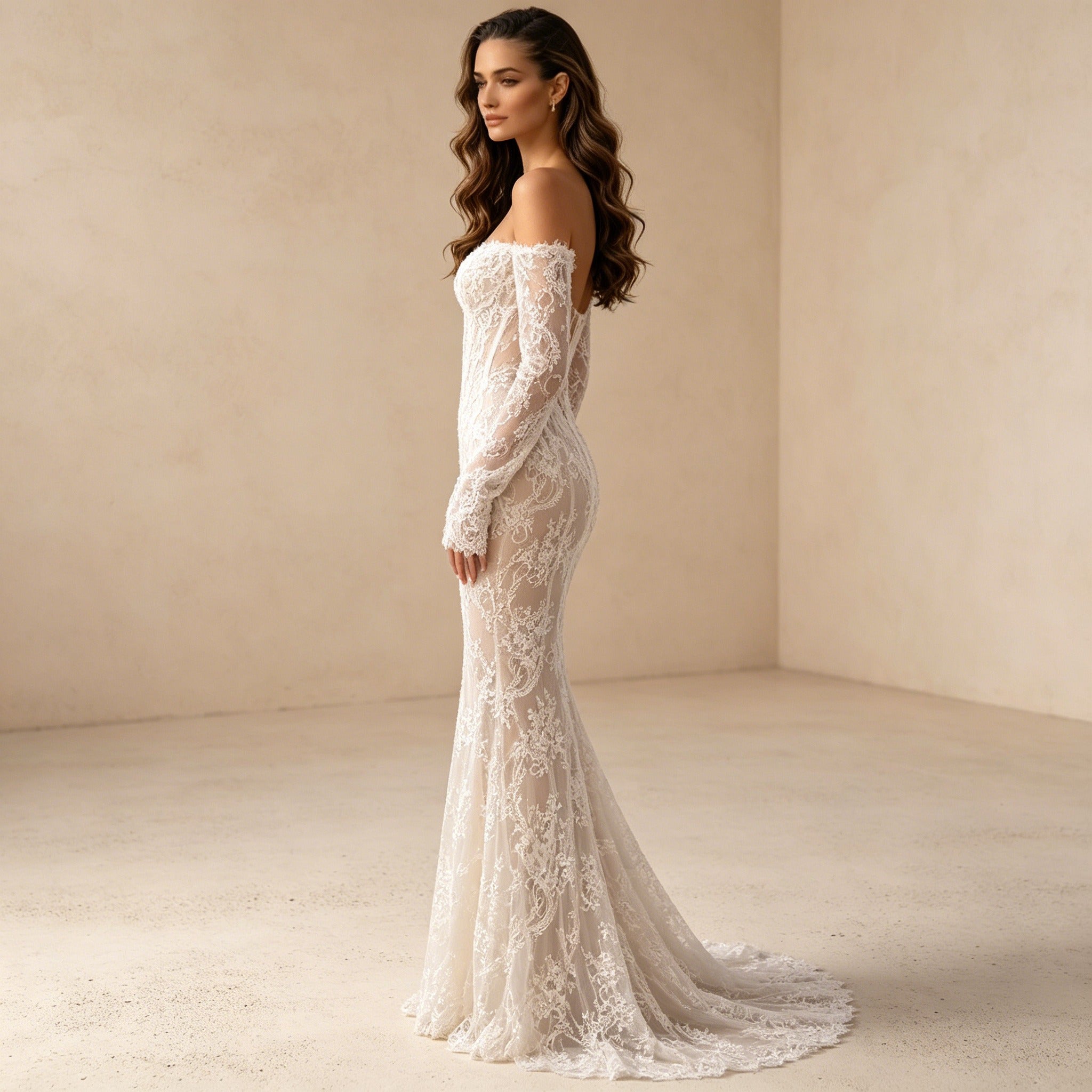 Off-Shoulder Abendkleid im Meerjungfrau-Stil mit Spitze und Schleppe