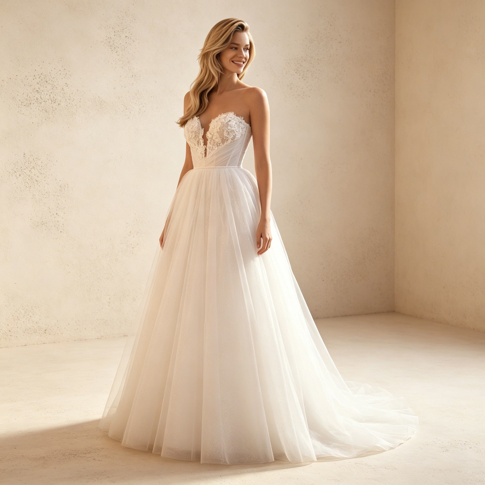 Elegantes Trägerloses Abendkleid mit Spitze | Voluminöses Tüll-Maxikleid in Crèmeweiß