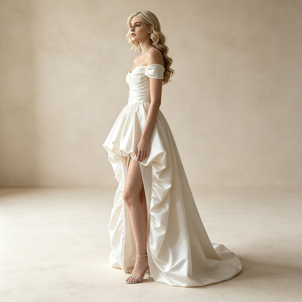 Off-Shoulder Satin-Abendkleid im Vokuhila-Stil mit Eleganter Schleppe