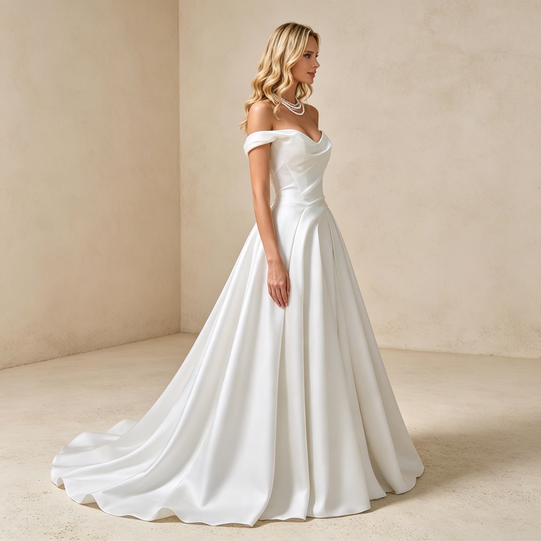 Off-Shoulder Satin-Abendkleid mit Drapierung – Bodenlanges Festkleid für Gala