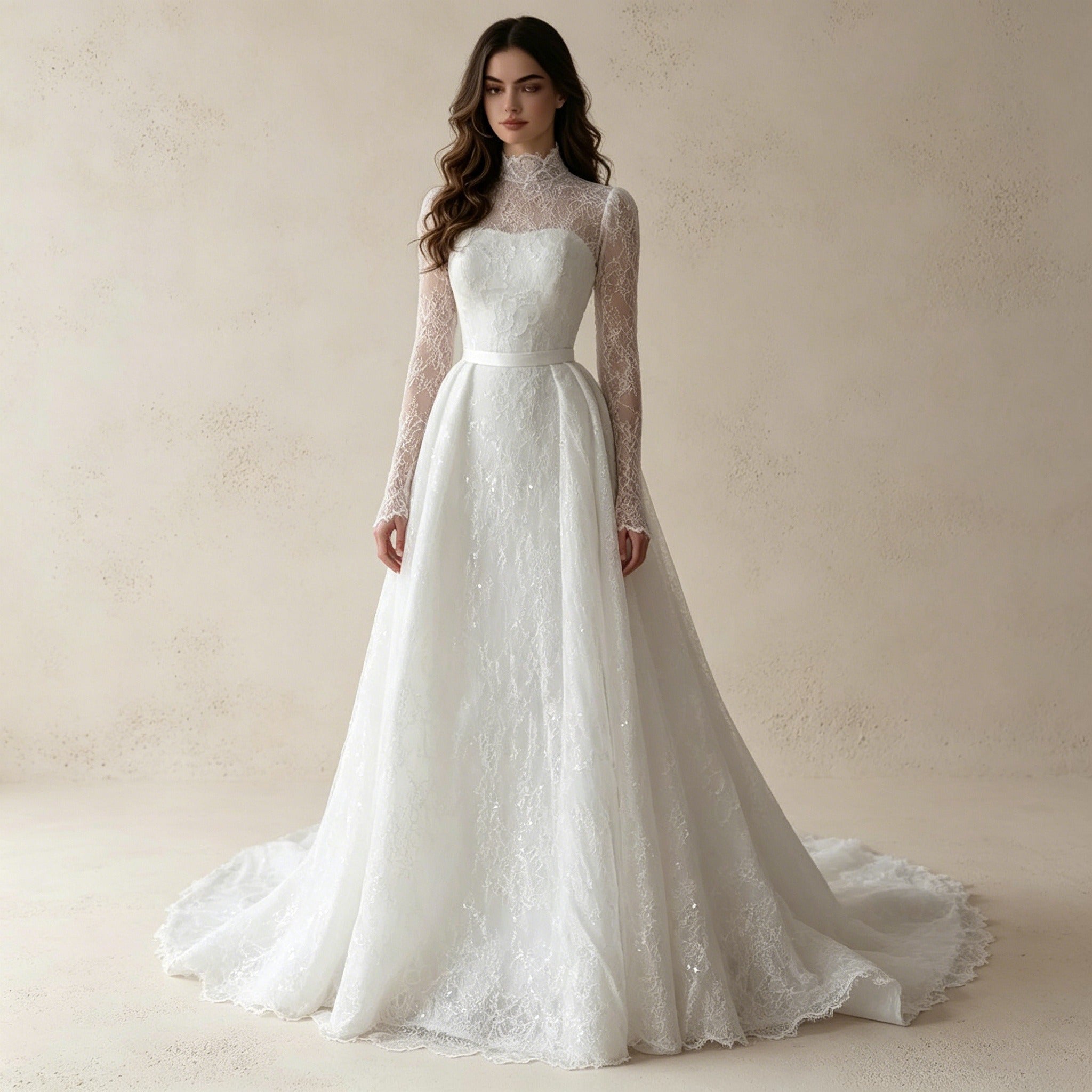 Elegantes Abendkleid mit Spitze, Stehkragen und Langen Ärmeln in A-Linie