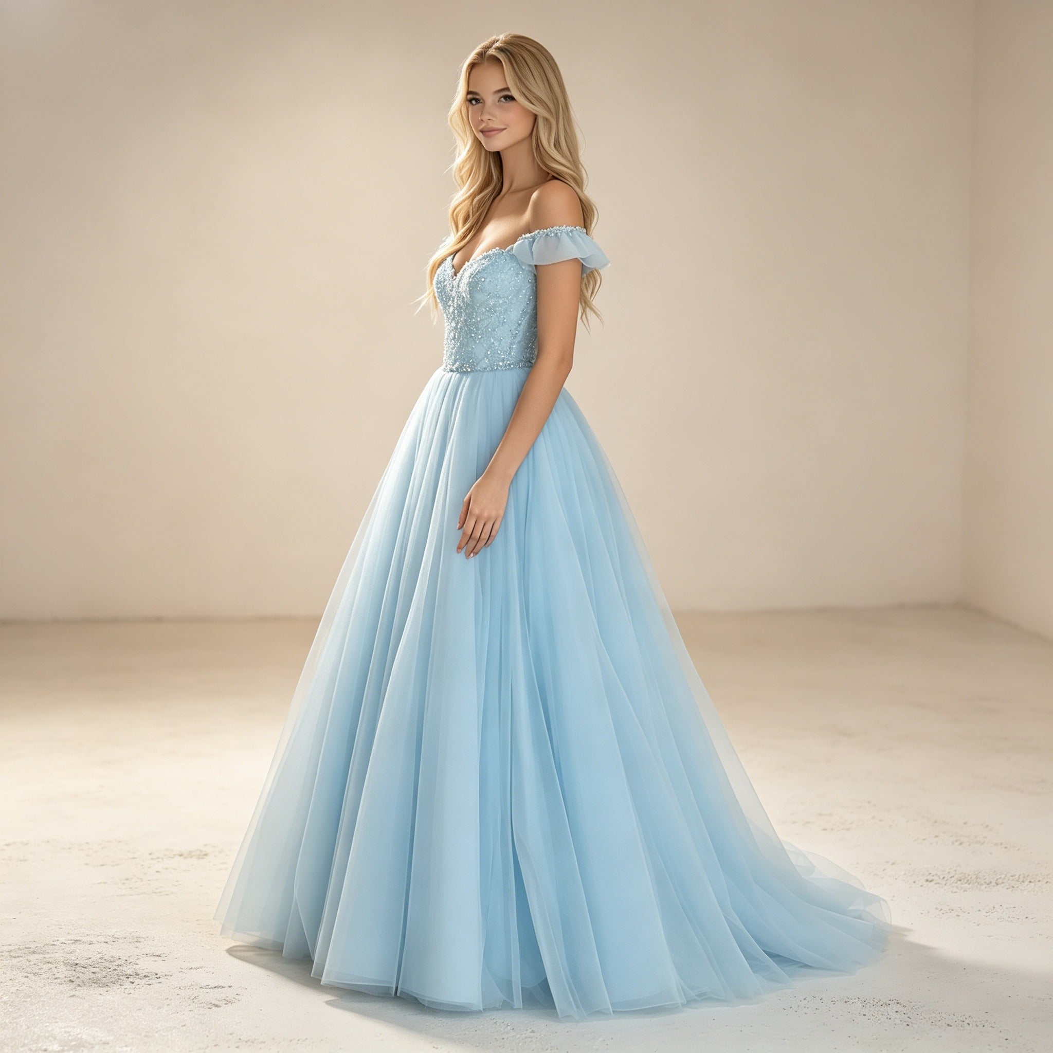 Eisblaues Off-Shoulder Abendkleid mit Glitzer – Traumhafte Tüll-Robe in A-Linie