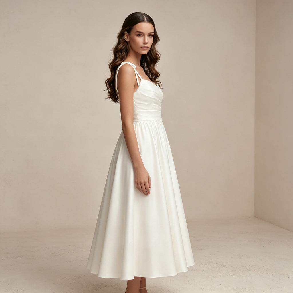 Elegantes Midikleid mit Schleifenträgern – Satin-Abendkleid in A-Linie für Damen