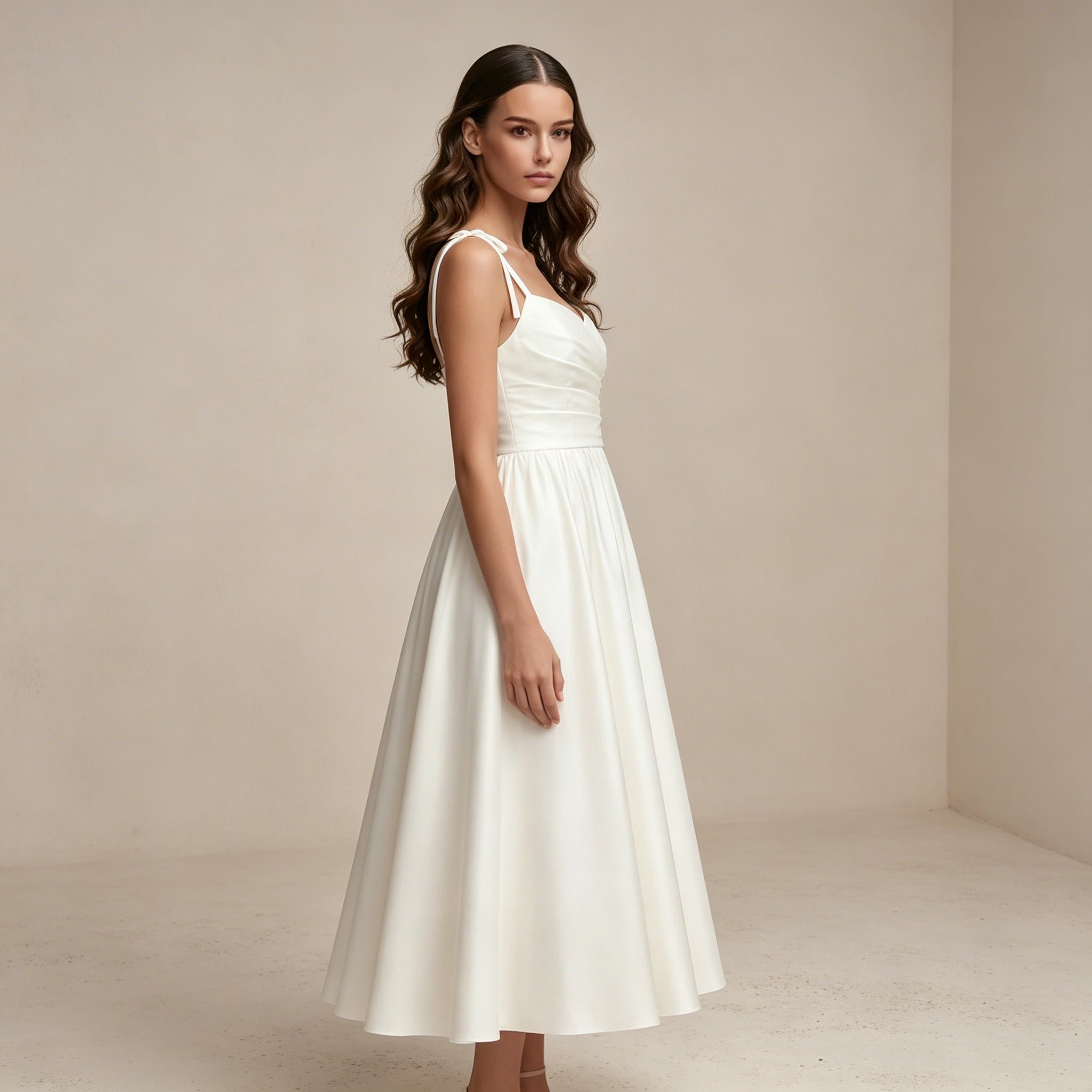 Elegantes Midikleid mit Schleifenträgern – Satin-Abendkleid in A-Linie für Damen